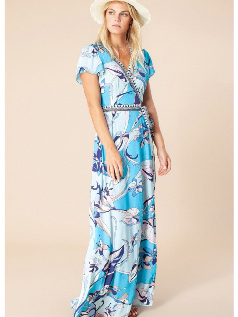 Hale Bob Blue Floral Wrap Maxi Dress